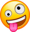 © vadymstock - Top quality emoticon. Zany emoji. Goofy emoticon with crazy eyes and tongue out. Yellow face emoji. Popular element. Detailed emoji icon from the Telegram app.
