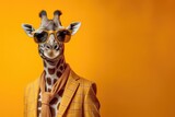 Stylish portrait of dressed up imposing anthropomorphic giraffe wearing glasses and suit on vibrant orange background with copy space. Funny pop art illustration. AI generative image.