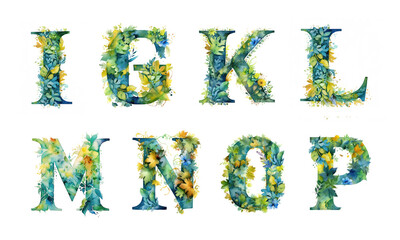 Watercolor cute letters with colorful summer wildflowers and wild herb on a white background. Blue, yellow, green, colors. Сapital letters of the English alphabet: i, g, k, l, m, n, o, p. AI generated