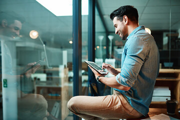 Fototapete - Business man, tablet and smile in office for planning, data update and internet research at window. Happy male employee, digital technology and online information for startup, insight and iot app