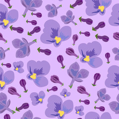 Wall Mural - purple flowers and buds spring and summer seamless vector repeat pattern. Purple flowers with yellow pollen and buds seamless vector repeat pattern. 