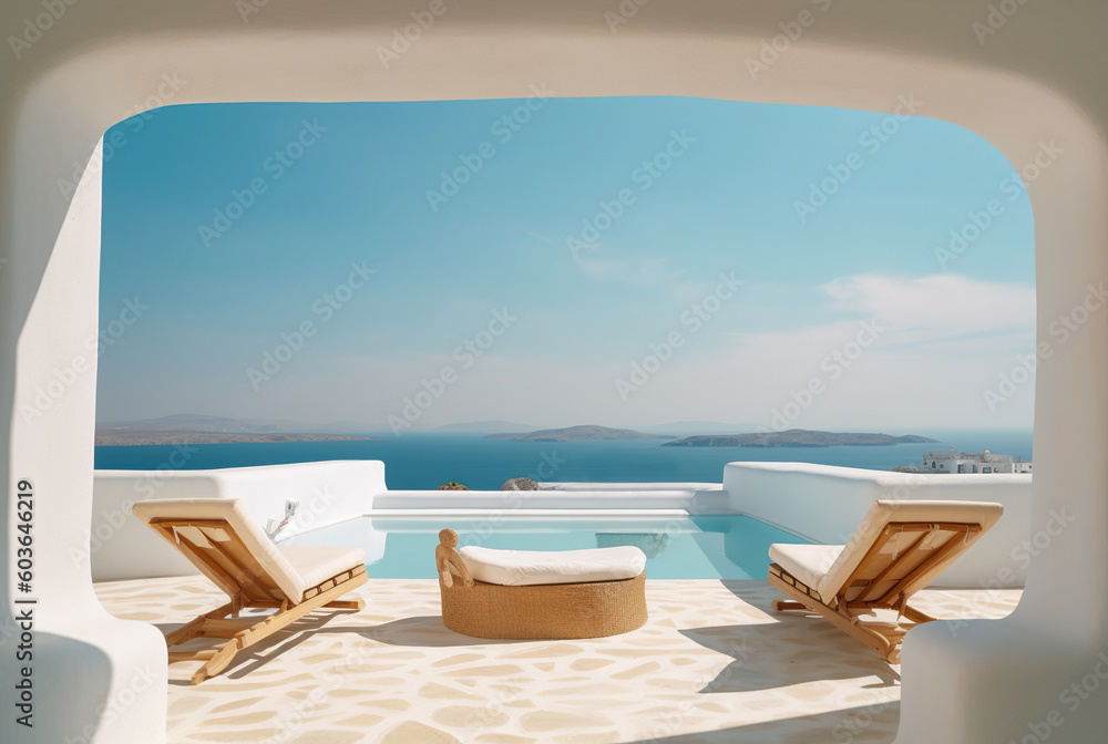 Two deck chairs on terrace with pool with stunning sea view ...