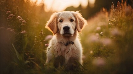 Wall Mural - Cute little golden retriever in a meadow, gras, majestic portrait - Generative AI