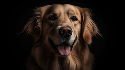 Wall Mural - Happy golden retriever on a dark background, majestic portrait - Generative AI