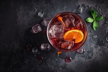 Cocktail. Cool down. On dark stone background. top view with copy space	