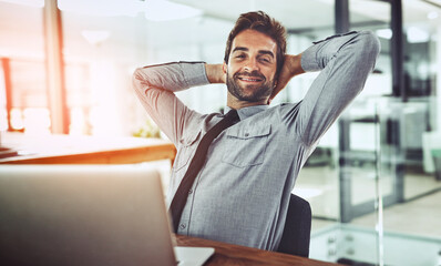 Businessman, relax and portrait smile on break for stretching, positive mindset or completion at office. Happy man person or employee relaxing and smiling with hands behind head for mental health