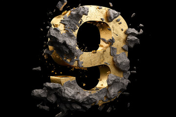 Stone style font.Golden number 9,nine, forged from stone. Anniversary. Abstract rock texture with particles, sparkling, exploding with powder elements against black background. Generative ai