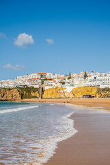 Canvas Print - Great view of Fisherman Beach, Praia dos Pescadores, with whitewashed houses on cliff, Albufeira, Algarve, Portugal