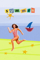 Sticker - Vertical collage picture of excited sporty girl run beach plasticine sea star sun ship water summer banner isolated on creative background