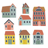 Fototapeta  - A set of cute houses for children's design. Hand drawn vector illustration. Can be used for children's textiles, poster printing in the boy's nursery.