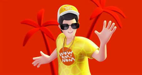 3d illustration of happy man with sunglasses and cap on red color background with palm tree. 3d render design of smile male character