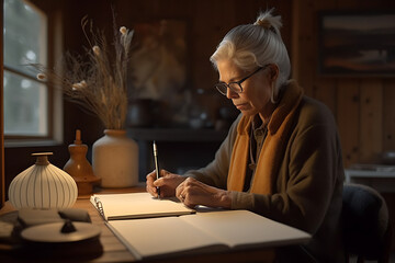 Senior woman full of grey curly hair in organic shirt writing in a notebook on table, in style of sustainable design, generative ai