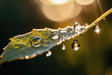 Wall Mural - Beautiful water drops sparkle in sun on leaf in sunlight, macro. Big droplet of morning dew outdoor, beautiful round bokeh. Amazing artistic image of purity of nature.