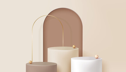 Wall Mural - Brown pedestal or podium with pearls on light brown background.