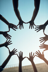 Aufkleber - Group, circle and teamwork with open hands of people for support, community and help with bottom view. Collaboration, trust and motivation with closeup of friends for mockup, solidarity and faith