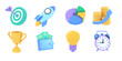 © Elena Sharipova - 3D bundle of commercial or business icons. Achieving goals, saving money, ecomony, managing financial income, investment, trading market concept. 3d render illustration.