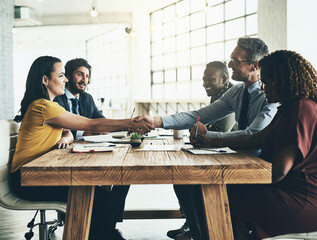 Wall Mural - Business man, partnership handshake and deal in a meeting with agreement and contract. Thank you, success and b2b work with shaking hands to welcome and show congratulations from happy teamwork