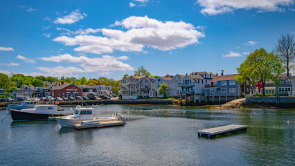 Wall Mural - Boats mooring in the Rockport Harbour, tranquil coastal village landscape at sunrise in Cape Anne, Massachusetts