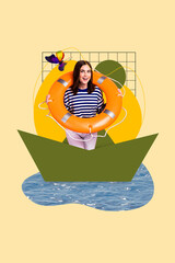 Sticker - Creative collage design picture of young funky girl wear lifebuoy swimming painted paper ship sea adventures isolated on plaid background