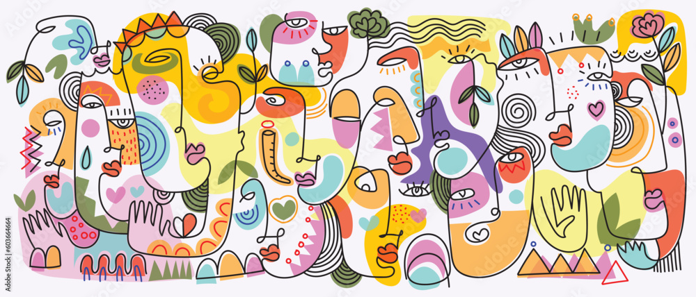 Abstract face portrait people line art shapes and doodles hand drawn ...