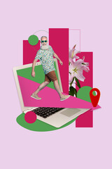 Sticker - Creative picture collage summer vacation excursion old man online booking place to stay abroad laptop screen isolated on drawn background