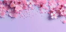 Blooming Pink Spring Flowers On Purple Table With Copy Space