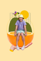 Vertical collage of young optimistic guy explore nature enjoy drinking fresh orange juice sitting fruit half isolated on yellow background