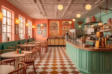 Wall Mural - The bright and colorful interior of an American roadside cafe in the style of the 1950s, created with Generative AI Technology