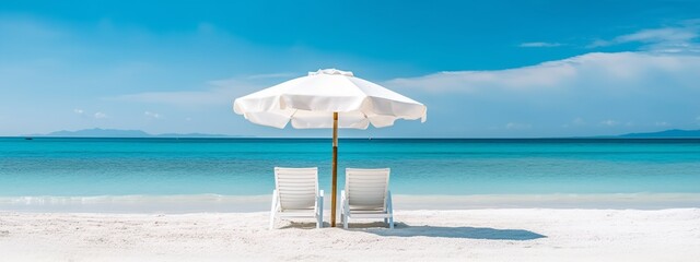  Seaside Paradise: Beautiful Beach Banner with White Sand, Chairs, and Umbrella for Travel and Tourism