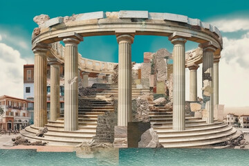 Poster - A mixed media collage combining photographs and illustrations to create a contemporary reinterpretation of Greek columns,  Generative AI technology.