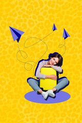 Wall Mural - Vertical collage picture of positive minded girl hands hug hold suitcase think flying paper planes isolated on yellow background