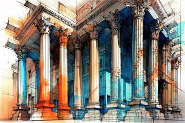 Wall Mural -  An architectural sketch capturing the essence of Greek column design, with loose and expressive lines conveying the elegance and grace of the form.  Generative AI technology.