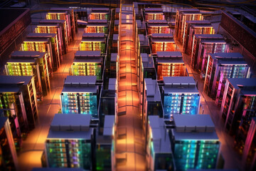 Poster - An aerial view image of a data center facility, showcasing rows of database servers neatly aligned in a high-security environment.  Generative AI technology.