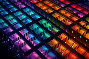Leinwandbilder - An aerial view image of a data center facility, showcasing rows of database servers neatly aligned in a high-security environment.  Generative AI technology.