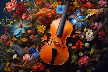 Aufkleber -  A mixed media artwork combining musical elements with nature-inspired motifs, such as leaves, flowers, and birds,  Generative AI technology.