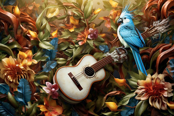 Poster -  A mixed media artwork combining musical elements with nature-inspired motifs, such as leaves, flowers, and birds,  Generative AI technology.