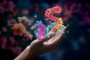 Poster -  A digital illustration featuring a DNA molecule extending into a hand reaching out to touch a flower,  Generative AI technology.