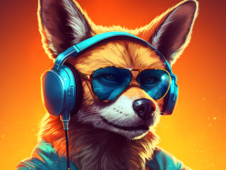 Sticker - Music dj coyote with sunglasses and headphones - Generative AI