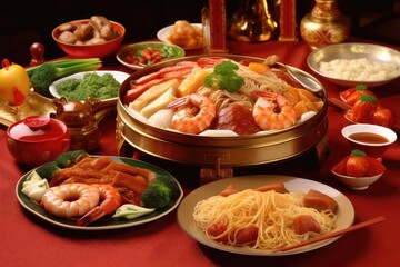 Wall Mural - Chinese new year festival table over red background. Traditional lunar new year food. AI Generated