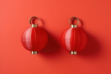 Sticker - two red chinese traditional lanterns on red background, AI Generated