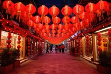 Red Chinese Traditional Lanterns On The Street, AI Generated