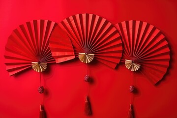 Sticker - Chinese New Year. Decor pattern fan on red background. Red paper fans .Lunar New Year banner template. Lunar New Year,chinese banner. AI Generated