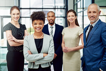 Poster - Portrait, business people and diversity of happy team, professional commitment or pride in corporate office. Group of confident employees, global collaboration and smile of trust, solidarity or unity