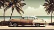 A vintage car in the style of the 1960s stands under palm trees on the seashore. Vintage color toning illustration. AI generative.