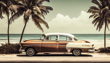 Wall Mural - A vintage car in the style of the 1960s stands under palm trees on the seashore. Vintage color toning illustration. AI generative.