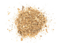 Wood Texture Shavings And Sawdust Isolated On White Background . Pile Of Sawdust Close Up Top View.