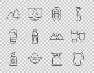 Set line Camping lantern, Carabiner, Rafting boat, hat, Mountains with tree, Bottle of water, gas stove and Binoculars icon. Vector