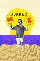 Sticker - Vertical collage image of black white gamma excited guy hold cocktail glass enjoy summer stand sand ocean beach isolated on painted background