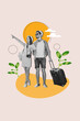 © deagreez - Vertical travel collage image advertisement couple find booking new apartment resort near seaside after flight isolated on beige background