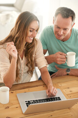 Laptop, home and happy couple with online news, digital review and check website or application for information. Mature partner, woman or people on computer or pc streaming with coffee for planning